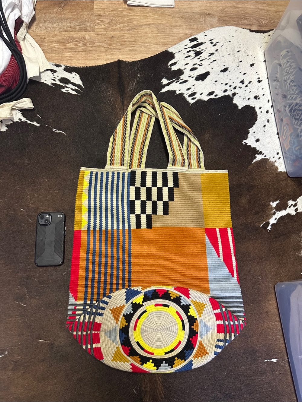 Colombian Wayuu Mochila Tote Bag - Vibrant Stripes & Geometric with dust bag